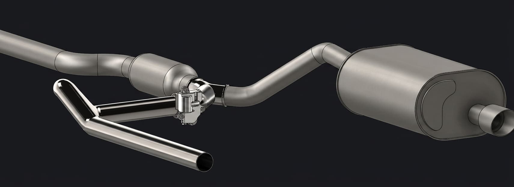 SolidWorks render of the full valvetronic dual-exit exhaust assembly